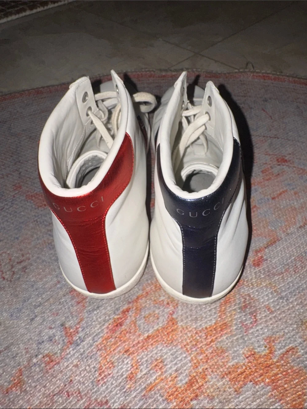 Gucci White High-Top Sneakers with Red & Navy Web